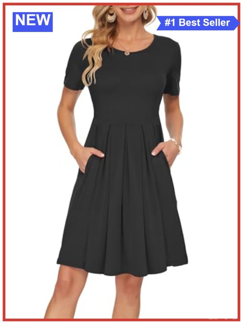 Women's Pleated Swing Dress Soft Stretchy Pockets Short Sleeve Summer Casual